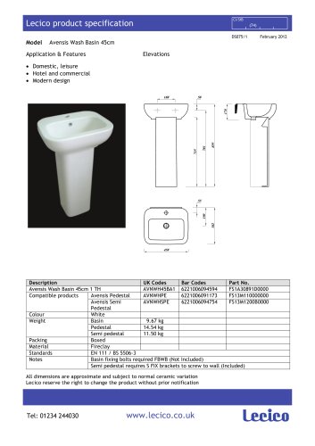 Avensis Wash Basin 45cm