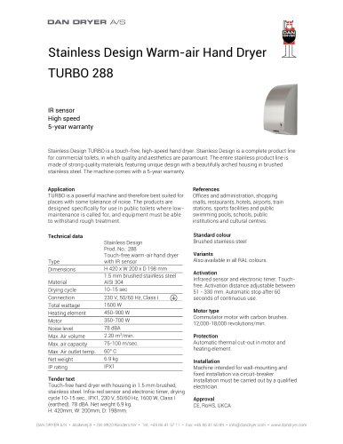 Stainless Design Warm-air Hand Dryer TURBO 288